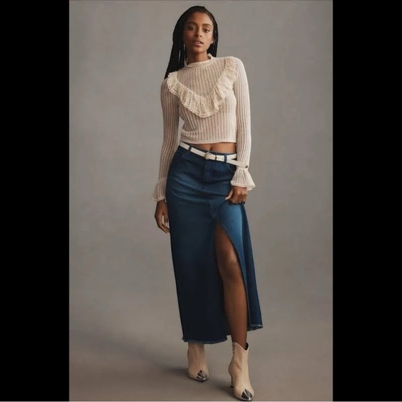 Anthropologie Pilcro The Madi Front Slit Dark Blue Denim Maxi Skirt Raw Hem - Picture 2 of 14
